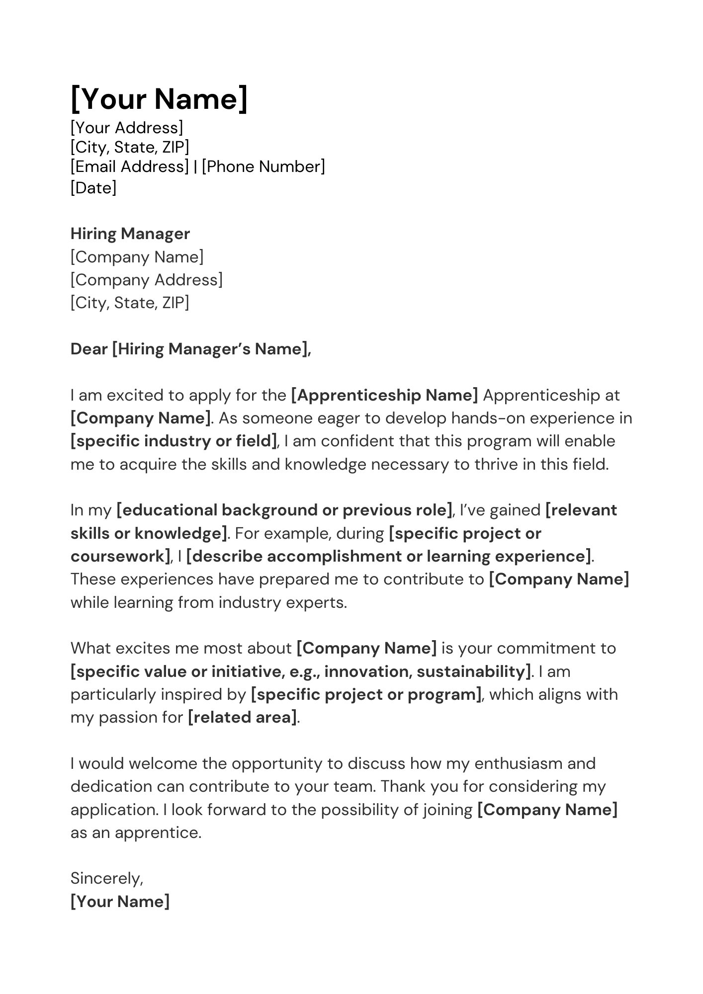 Apprenticeship Cover Letter