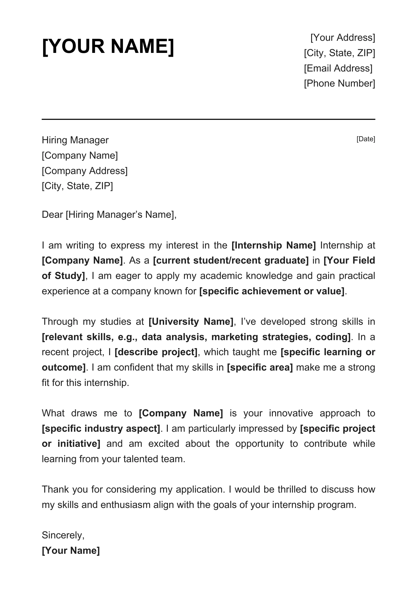 Internship Cover Letter