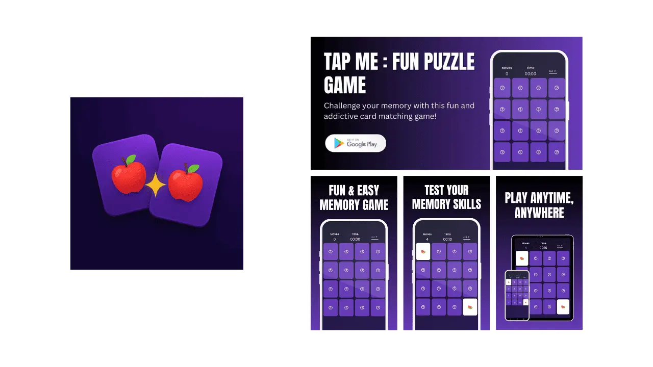 App Icon, Feature Graphic, Phone Screenshots for Tap Me Game​_thewodm